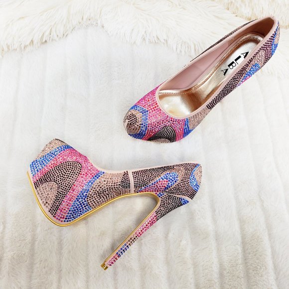 Nude Multi Rhinestone High Heel Platform Pumps - Picture 4 of 13